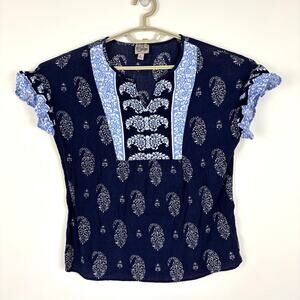COMO Vintage Blouse Top v-neck XL blue paisley boho western ruffle short sleeve